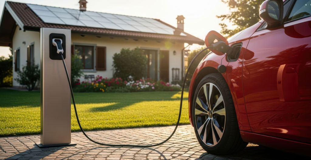 Vue extérieure d'une maison toulousaine avec véhicule électrique stationné près du garage équipé d'une borne