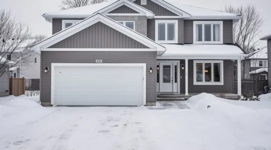 Maison québécoise avec porte de garage sectionnelle blanche en hiver