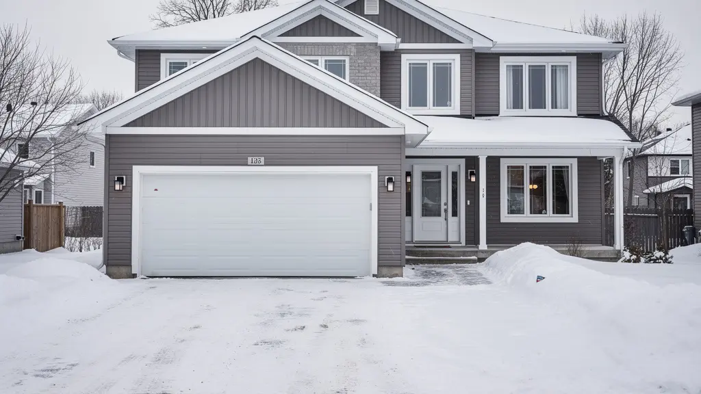 Maison québécoise avec porte de garage sectionnelle blanche en hiver