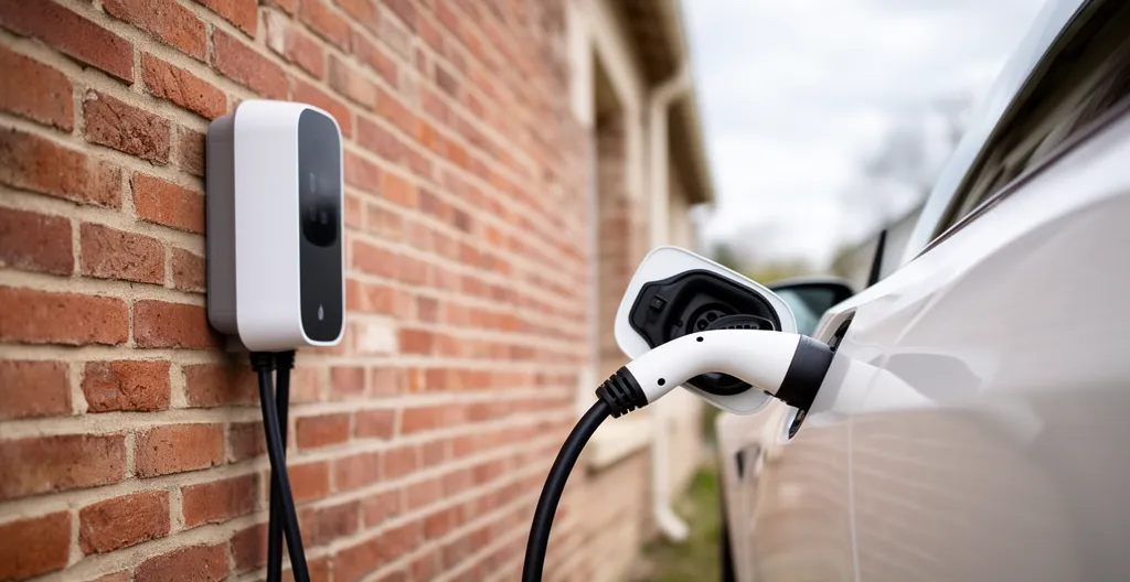 Borne de recharge 7kW installée sur mur extérieur avec câble connecté à véhicule électrique