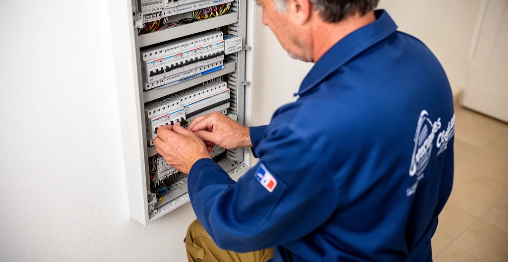 Technicien électricien examinant un tableau électrique résidentiel lors d'un diagnostic pré-installation