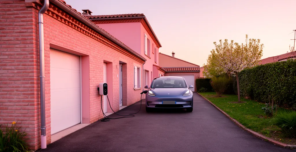 Vue extérieure d'une maison toulousaine avec véhicule électrique stationné près du garage équipé d'une borne