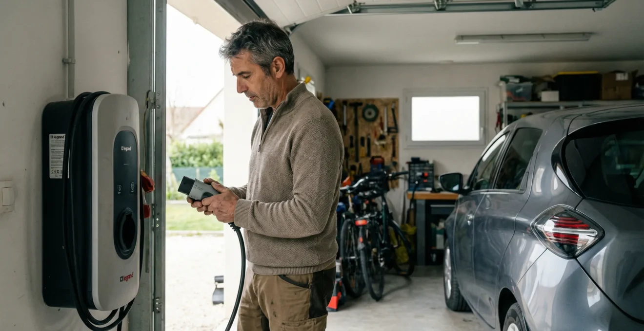 Propriétaire inspectant sa borne de recharge murale dans un garage résidentiel toulousain