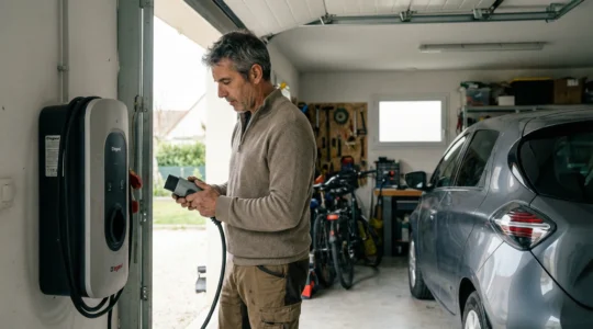 Propriétaire inspectant sa borne de recharge murale dans un garage résidentiel toulousain