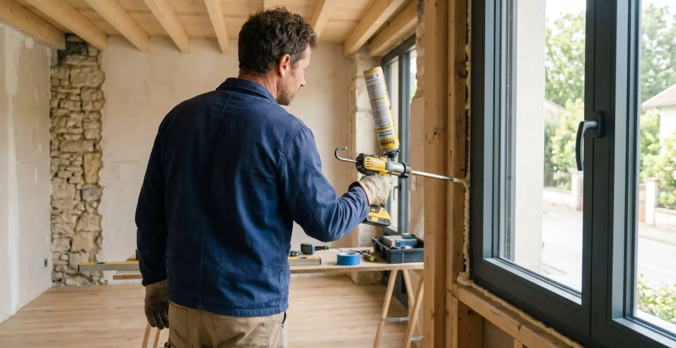 Vue par-dessus l'épaule d'un artisan appliquant de la mousse polyuréthane autour d'un dormant de fenêtre sur un chantier de rénovation dans une maison française