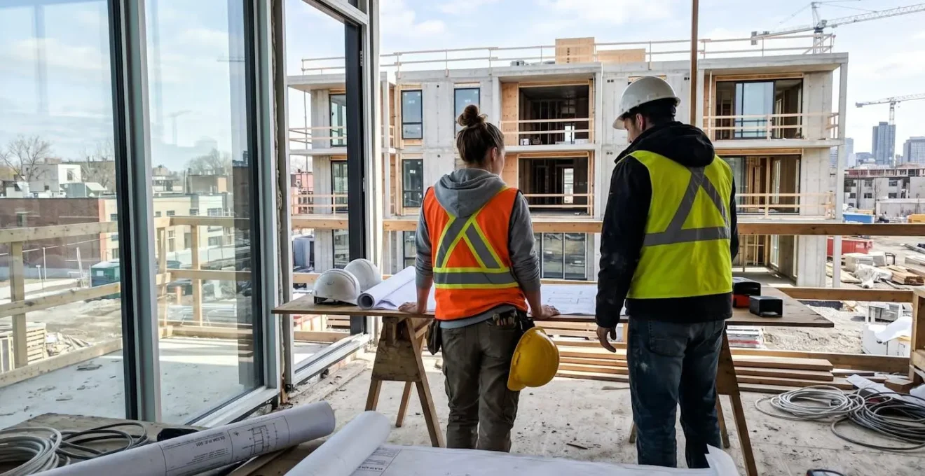 Un entrepreneur et un propriétaire discutent des plans de rénovation sur un chantier résidentiel moderne à Montréal, vus de dos