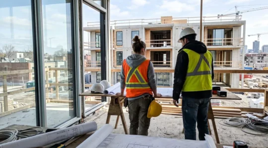Un entrepreneur et un propriétaire discutent des plans de rénovation sur un chantier résidentiel moderne à Montréal, vus de dos