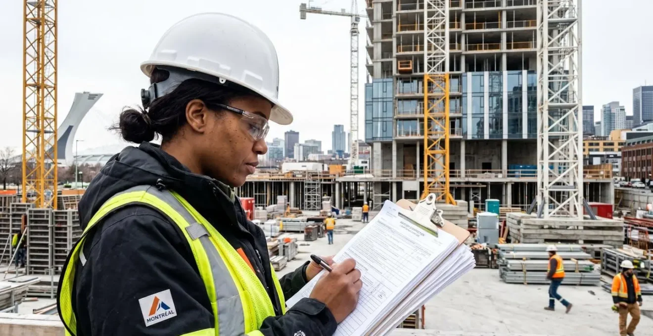 Inspecteur ou technicien consultant une liste de vérification sur un chantier de rénovation à Montréal, vu de profil, concentration visible