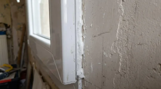Gros plan sur l'interface entre le dormant d'une fenêtre et le mur, montrant le joint de mousse polyuréthane apparent dans une maison contemporaine