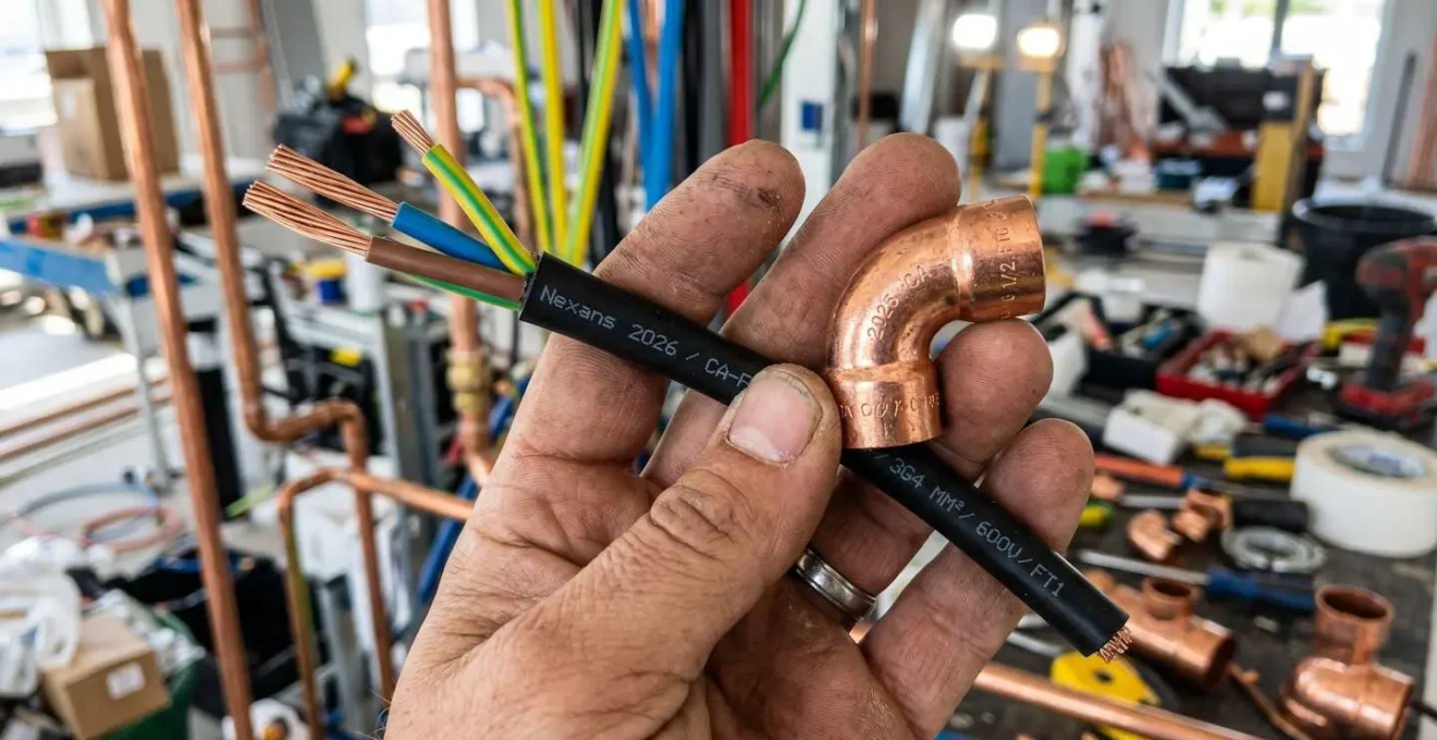 Gros plan sur la main d'un technicien tenant un câble électrique et un raccord de plomberie en cuivre, arrière-plan flouté de chantier