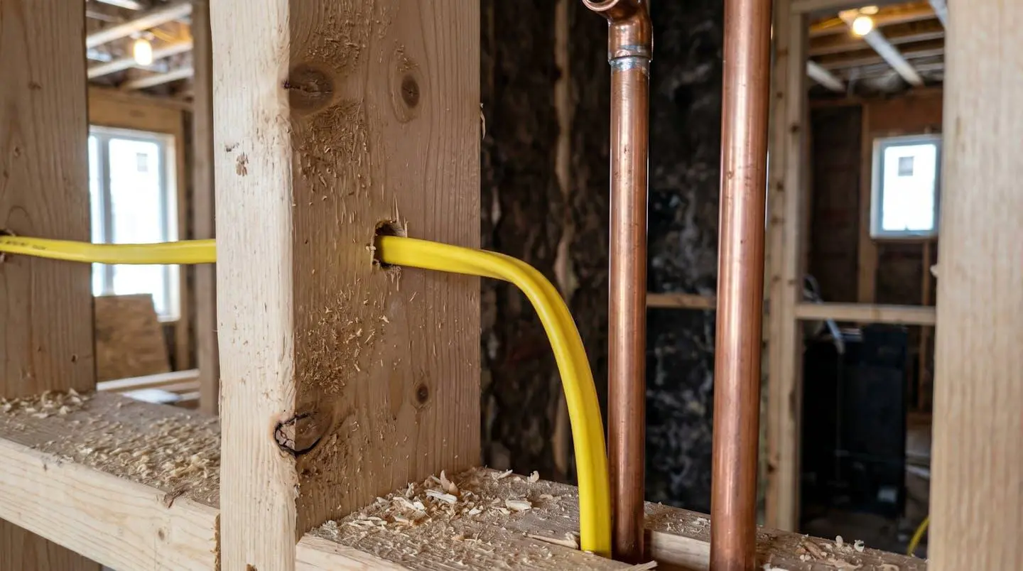 Gros plan sur la main d'un technicien tenant un câble électrique et un raccord de plomberie en cuivre, arrière-plan flouté de chantier