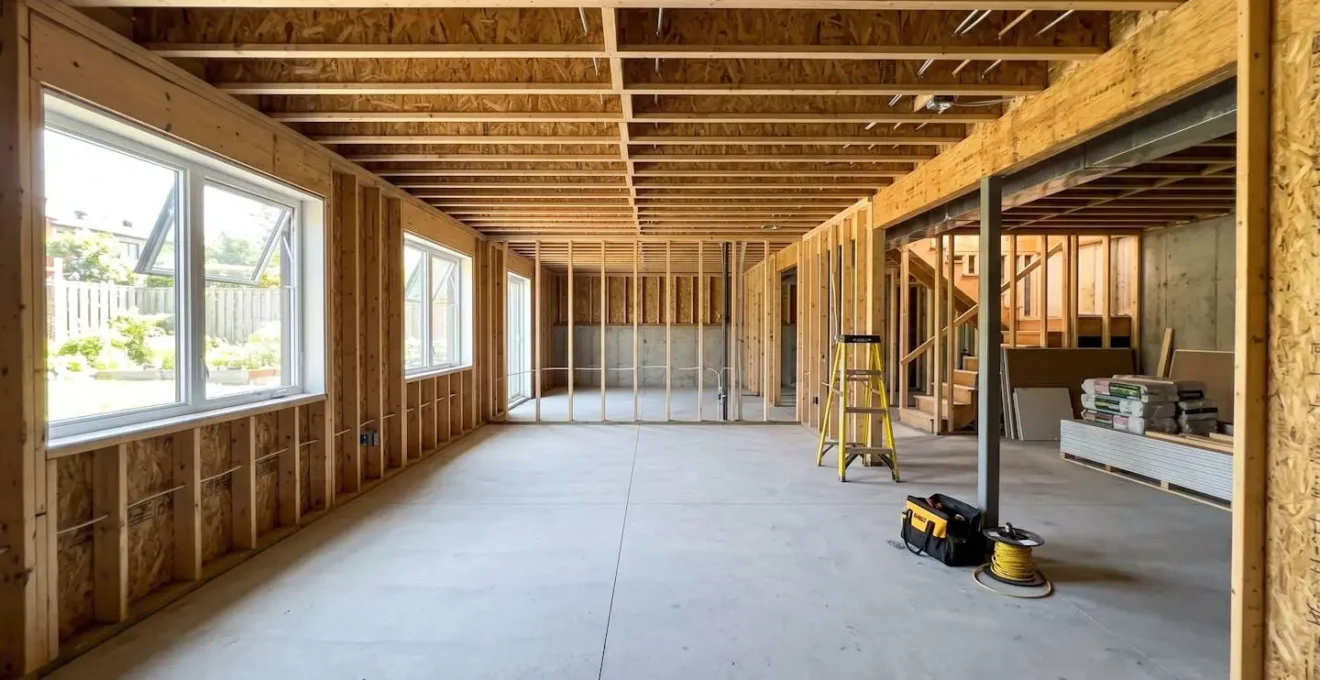 Sous-sol en rénovation avec structure de bois et charpente apparente, espace vide prêt pour l'étape suivante, éclairage naturel