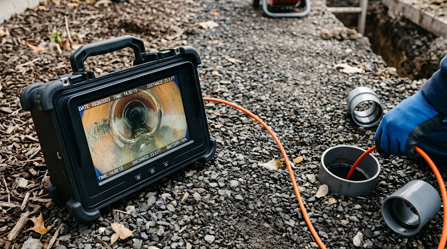 Propriétaire résidentiel et technicien en plomberie examinant ensemble un moniteur d'inspection vidéo dans un sous-sol fini de la Rive-Sud de Montréal, la sonde étant introduite dans un regard de drain au sol