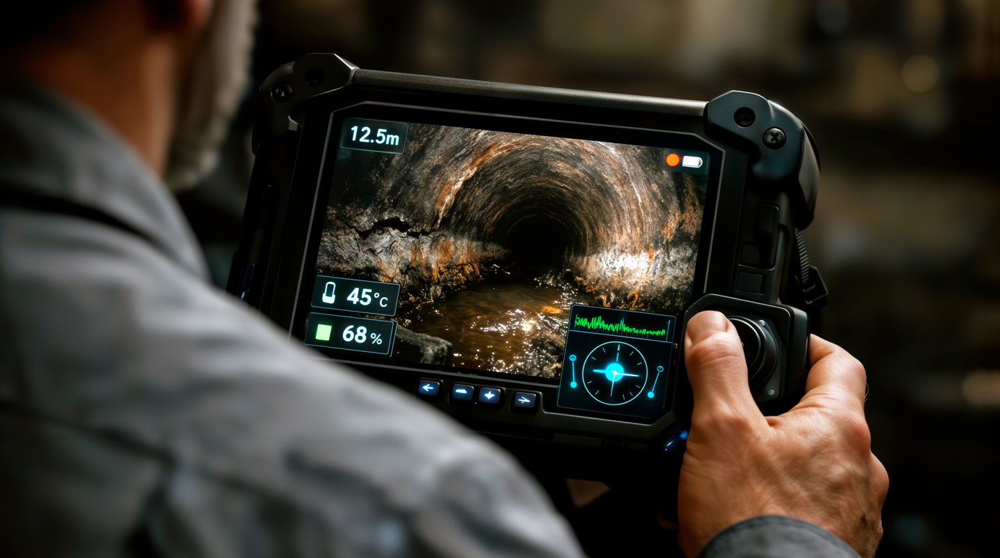 Vue intérieure d'une canalisation résidentielle filmée en haute définition, montrant une infiltration de racines dans un drain circulaire gris, telle qu'affichée sur le moniteur d'un technicien lors d'une inspection vidéo