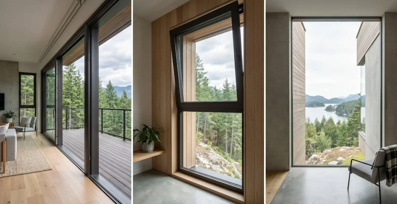 Vue comparative de différents systèmes de fermeture pour grande baie vitrée : coulissant, oscillo-battant et fixe, dans une maison moderne