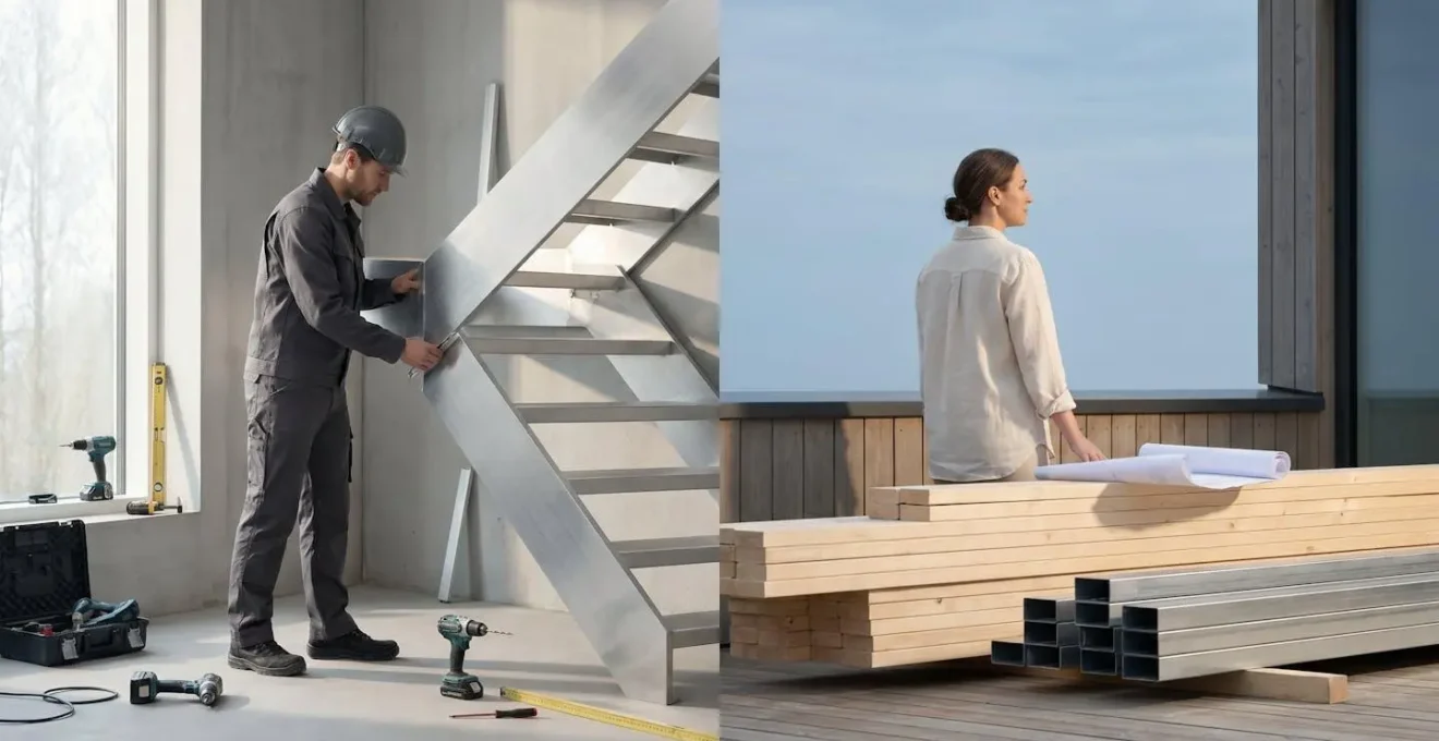 Vue split-screen d'un artisan professionnel installant un escalier en aluminium à gauche, et d'un propriétaire consultant des plans avec des matériaux étalés à droite