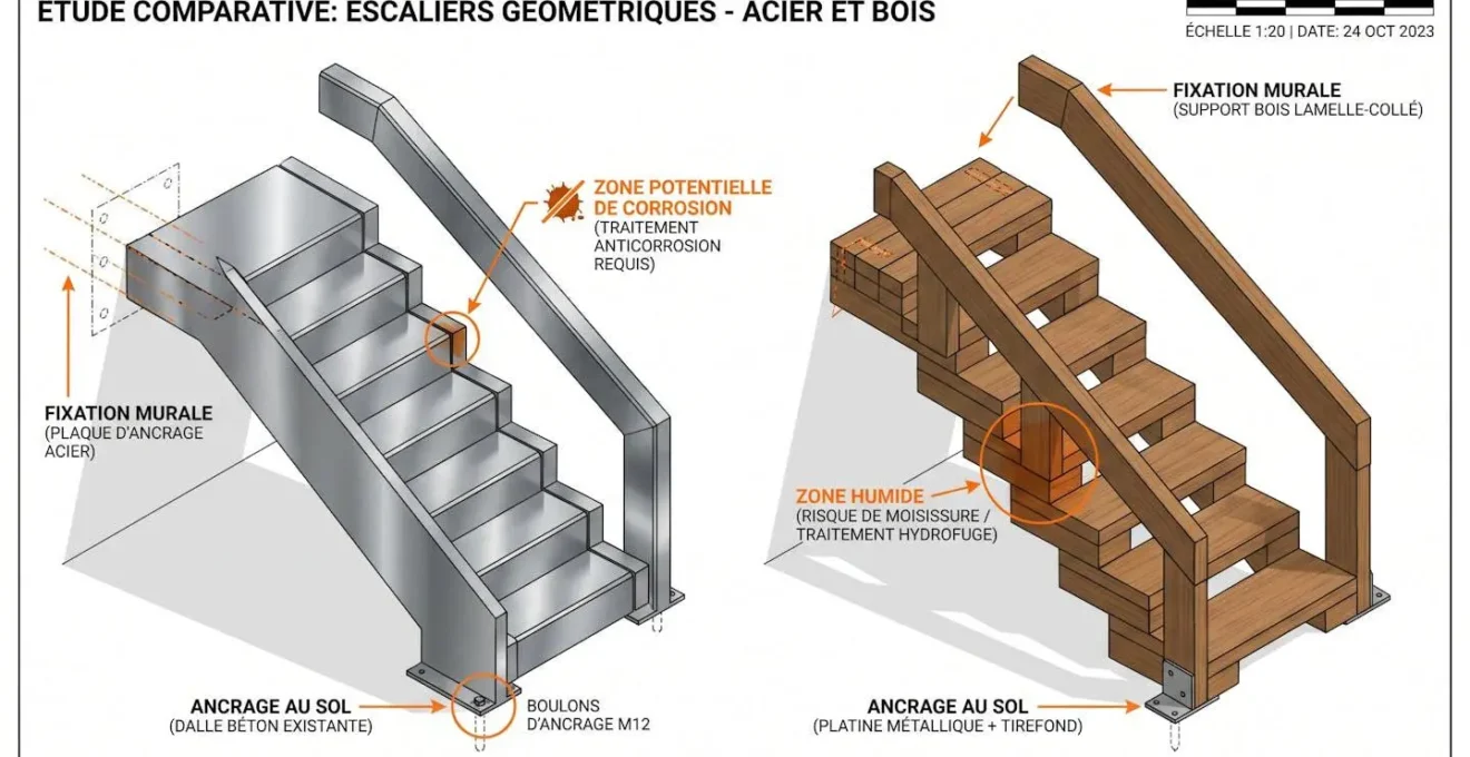 Illustration technique comparative de deux escaliers extérieurs côte à côte, l'un en acier galvanisé et l'autre en bois traité, avec annotations sur les zones d'ancrage et de corrosion potentielle