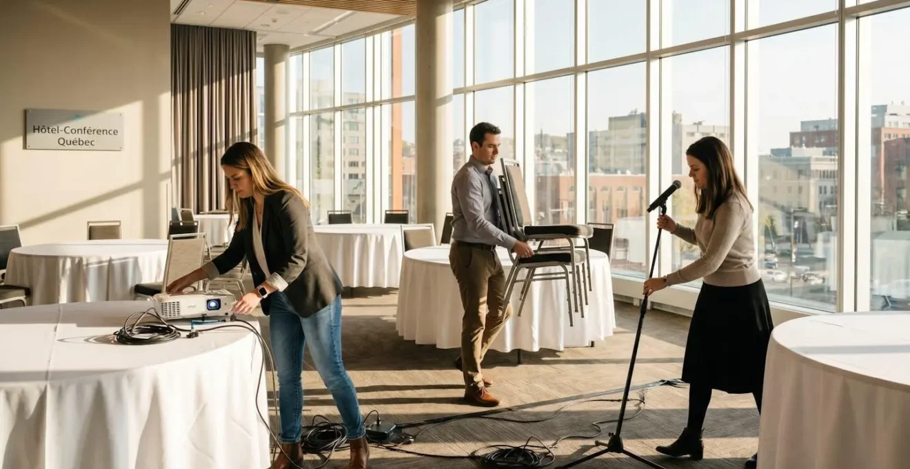 Équipe en train de préparer une salle de séminaire au Québec, installation de tables rondes et de matériel audiovisuel