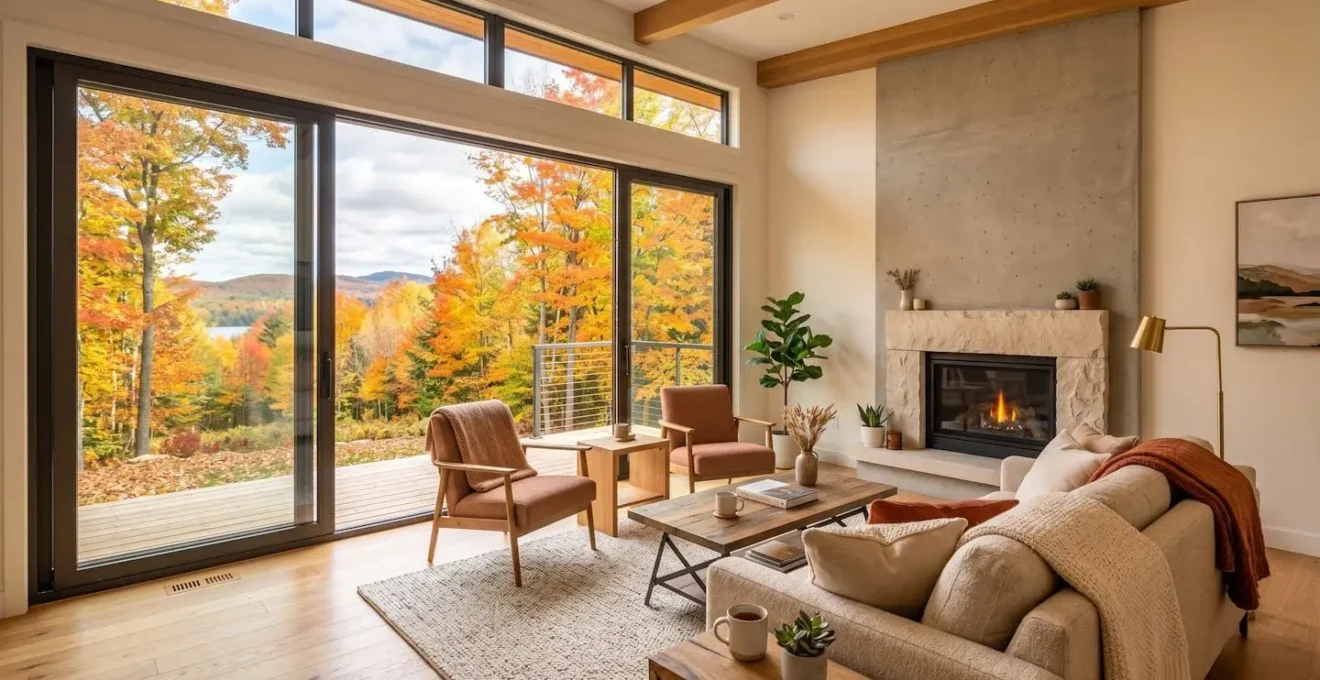 Grande baie vitrée coulissante dans un salon moderne, lumière naturelle abondante, maison résidentielle au Québec