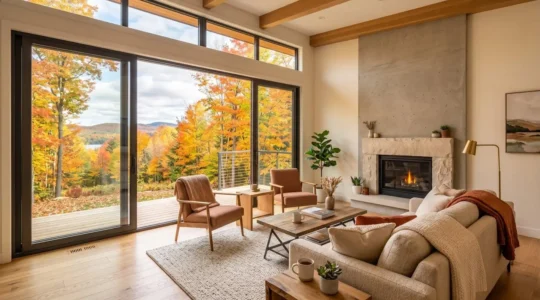 Grande baie vitrée coulissante dans un salon moderne, lumière naturelle abondante, maison résidentielle au Québec