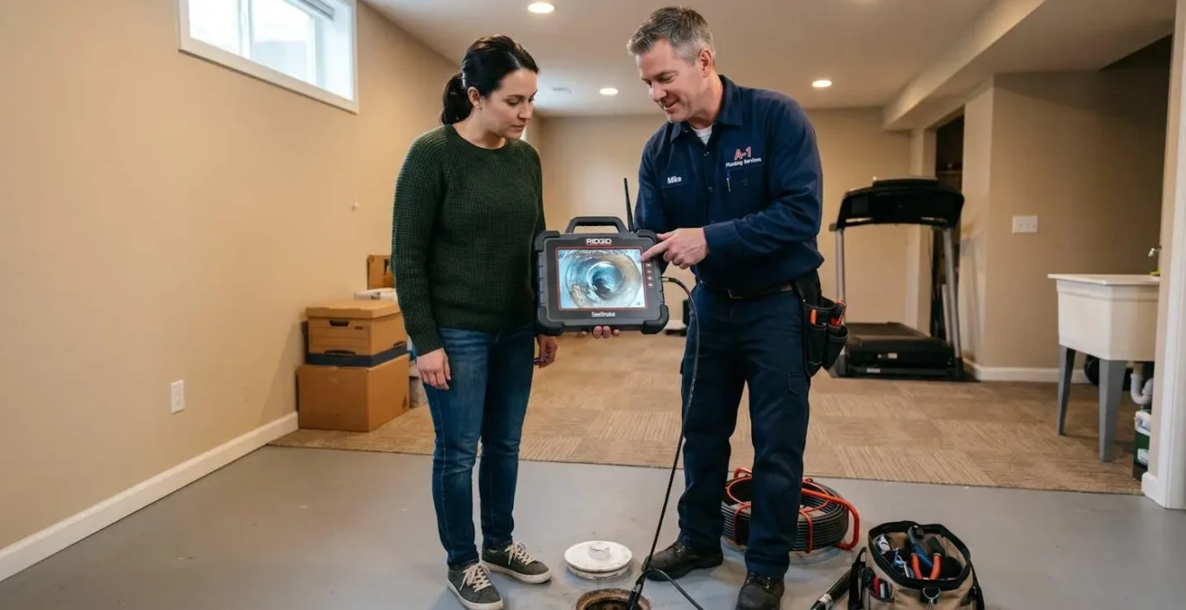 Propriétaire résidentiel et technicien en plomberie examinant ensemble un moniteur d'inspection vidéo dans un sous-sol fini de la Rive-Sud de Montréal, la sonde étant introduite dans un regard de drain au sol