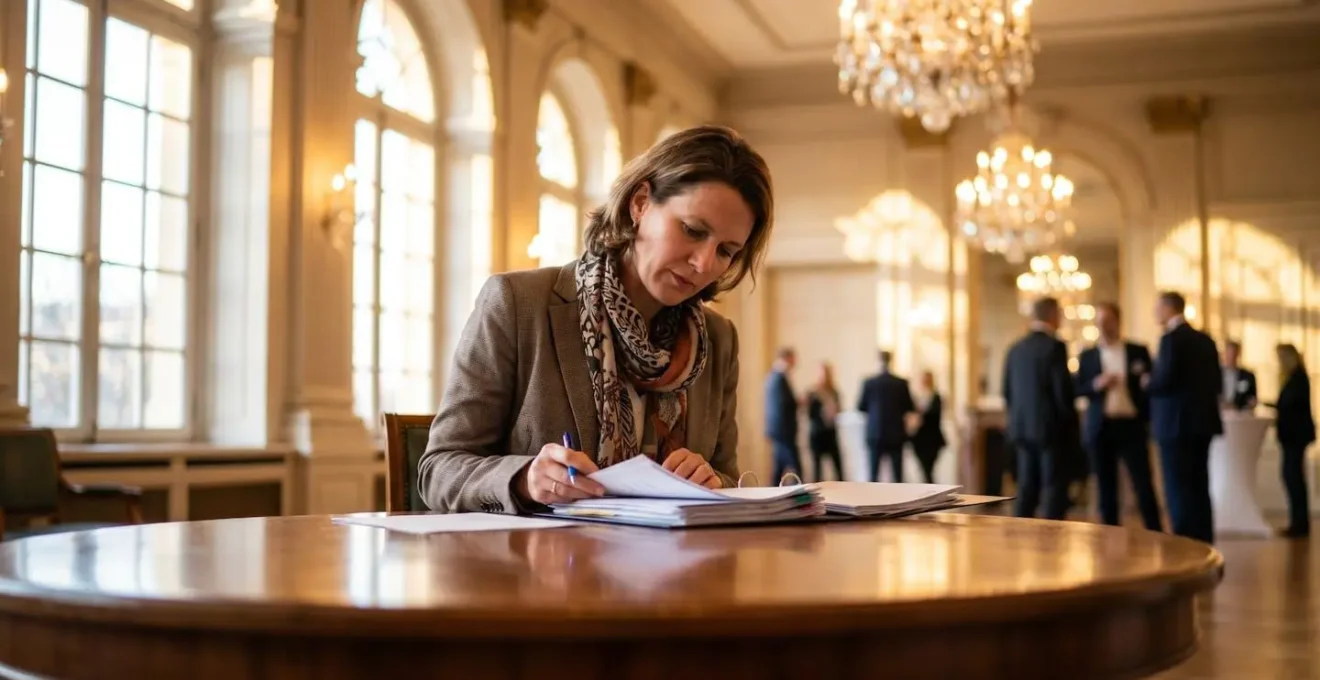 Responsable événementiel vérifiant un contrat d'assurance dans une salle de réception avant un gala corporatif