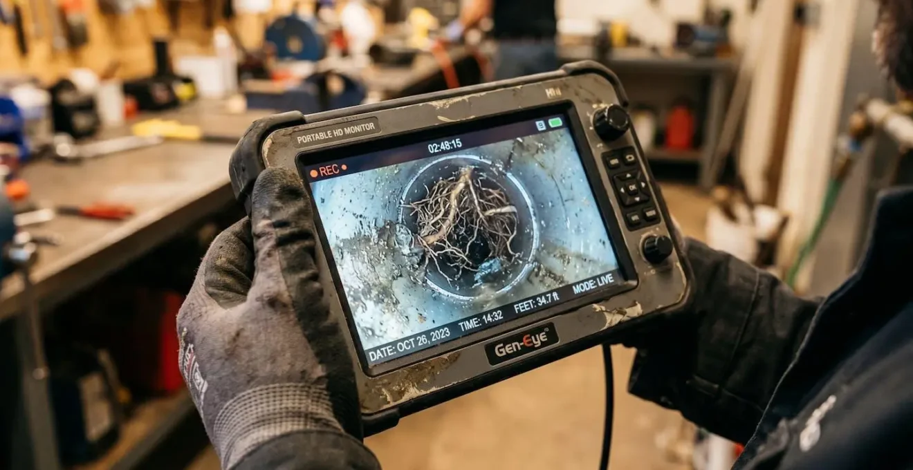 Vue intérieure d'une canalisation résidentielle filmée en haute définition, montrant une infiltration de racines dans un drain circulaire gris, telle qu'affichée sur le moniteur d'un technicien lors d'une inspection vidéo