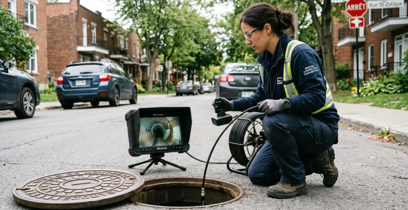 Technicien positionné devant un regard d'égout sur la Rive-Sud de Montréal, manipulant une sonde d'inspection vidéo HD connectée à un moniteur portable affichant l'intérieur d'une canalisation