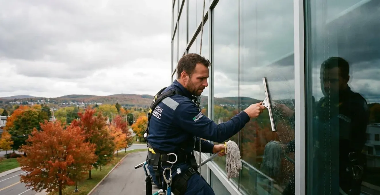 Technicien spécialisé effectuant le nettoyage de vitres d'un immeuble commercial en Estrie avec des produits écologiques