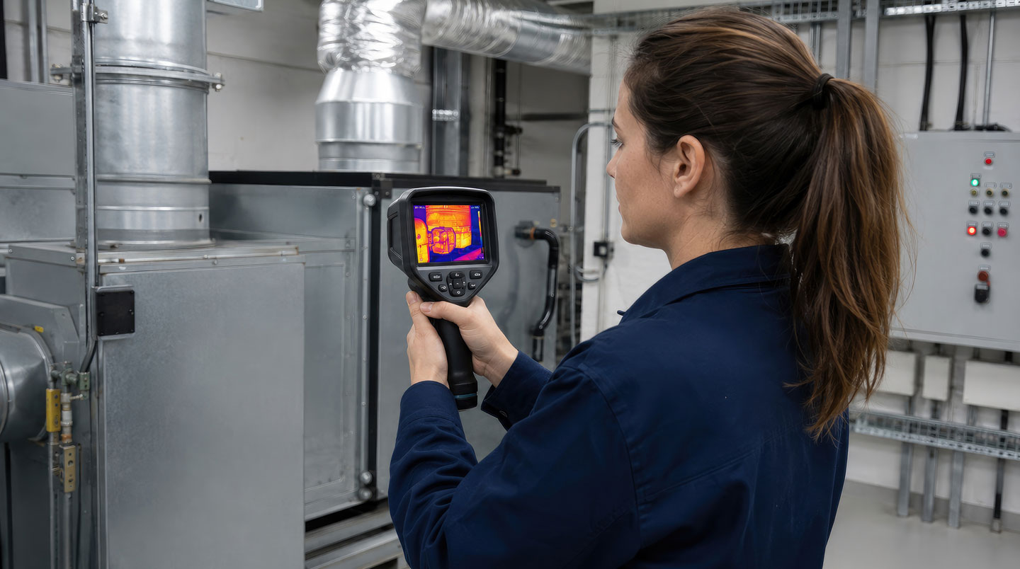 Auditeur énergétique utilisant une caméra thermique infrarouge pour inspecter les conduits HVAC dans une salle mécanique, avec écrans de monitoring affichant des données de consommation en français en arrière-plan