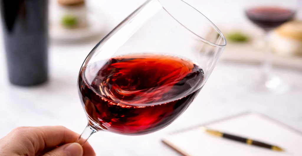 Main tenant un verre à vin rouge en cristallin par le pied, légèrement incliné vers la lumière pour observer la robe bordeaux du vin