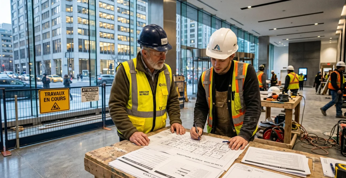 Chef de projet et entrepreneur examinant plans d'installation HVAC sur table de travail temporaire dans lobby d'immeuble occupé, avec signalétique de chantier en français et bâtiment en activité visible à l'arrière-plan