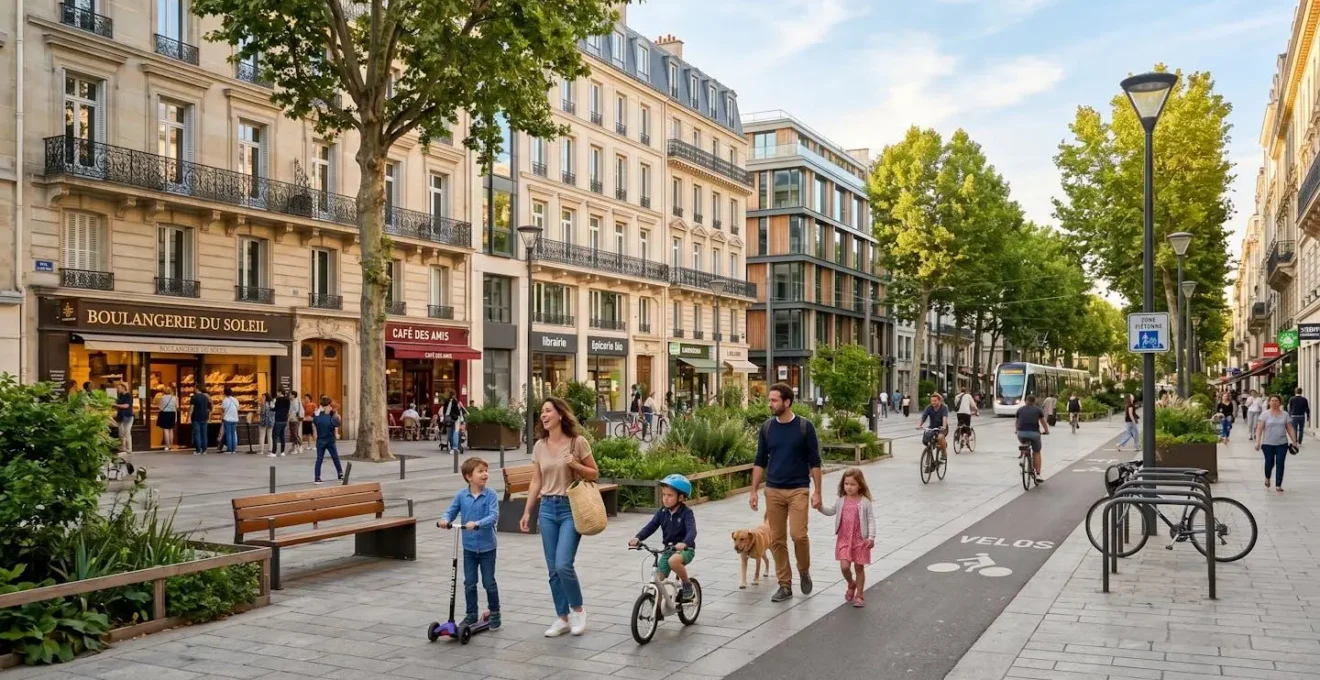 Espace piéton de centre-ville avec familles profitant d'un environnement urbain propre et d'une qualité d'air améliorée