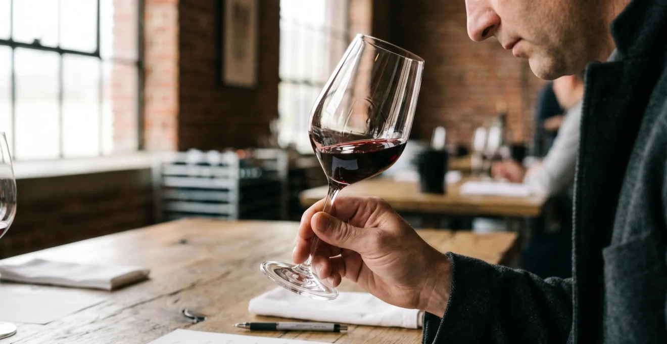 Main tenant un verre à vin rouge en cristallin par le pied, légèrement incliné vers la lumière pour observer la robe bordeaux du vin