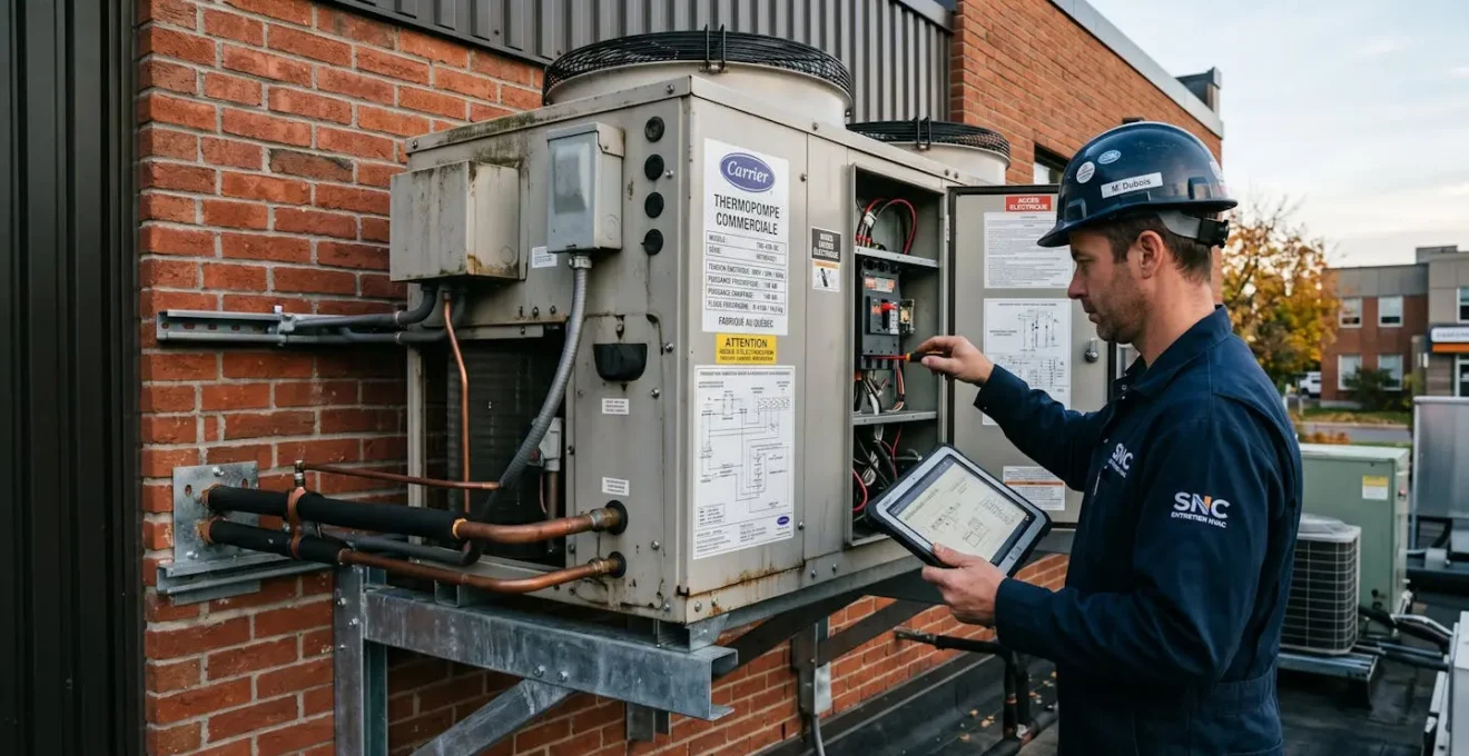 Unité de thermopompe commerciale installée sur mur extérieur d'un bâtiment commercial à Longueuil, technicien inspectant les connexions électriques avec une tablette, labels techniques en français visible sur l'équipement