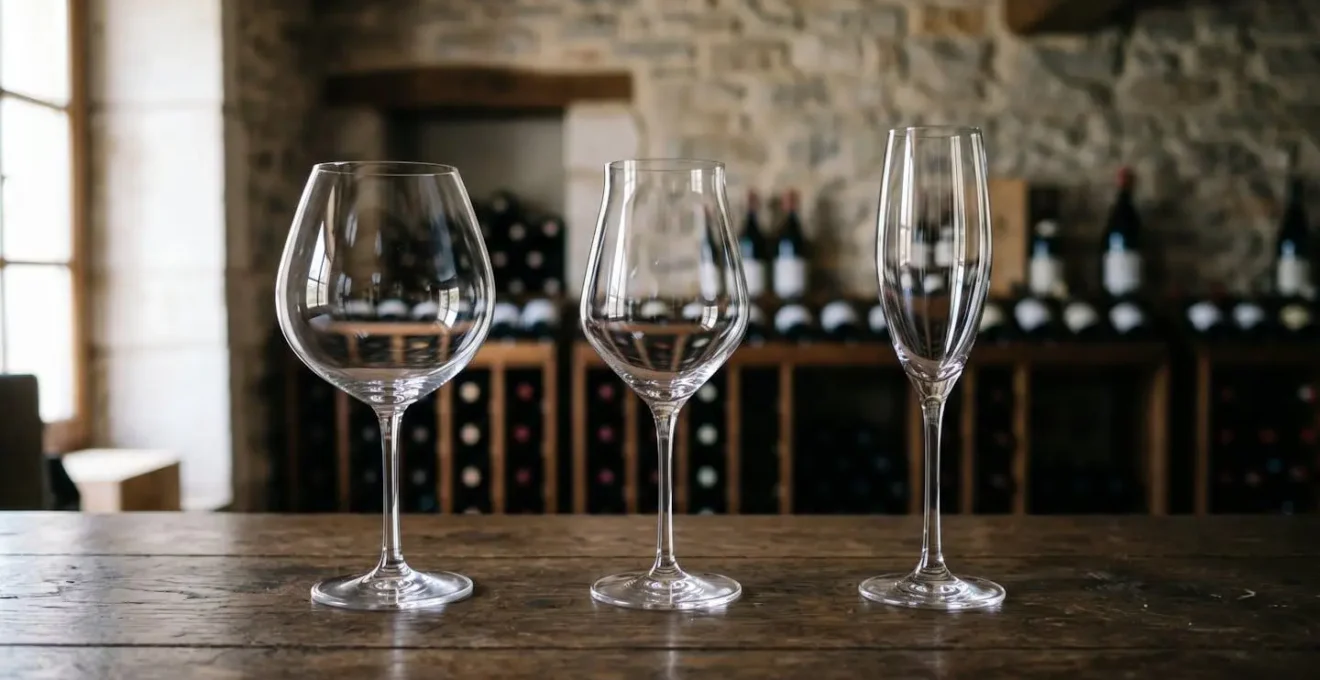 Trois verres à dégustation en cristallin de formes différentes alignés sur un comptoir : verre ballon pour vin rouge, verre tulipe pour vin blanc, flûte pour champagne