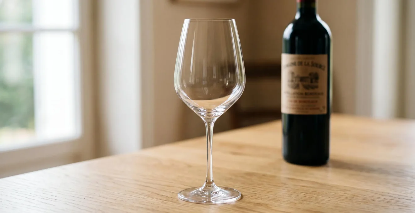 Verre à vin vide en cristallin transparent aux courbes élégantes, posé sur une table en bois clair avec éclairage latéral naturel révélant la brillance du matériau