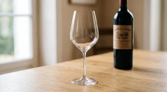 Verre à vin vide en cristallin transparent aux courbes élégantes, posé sur une table en bois clair avec éclairage latéral naturel révélant la brillance du matériau