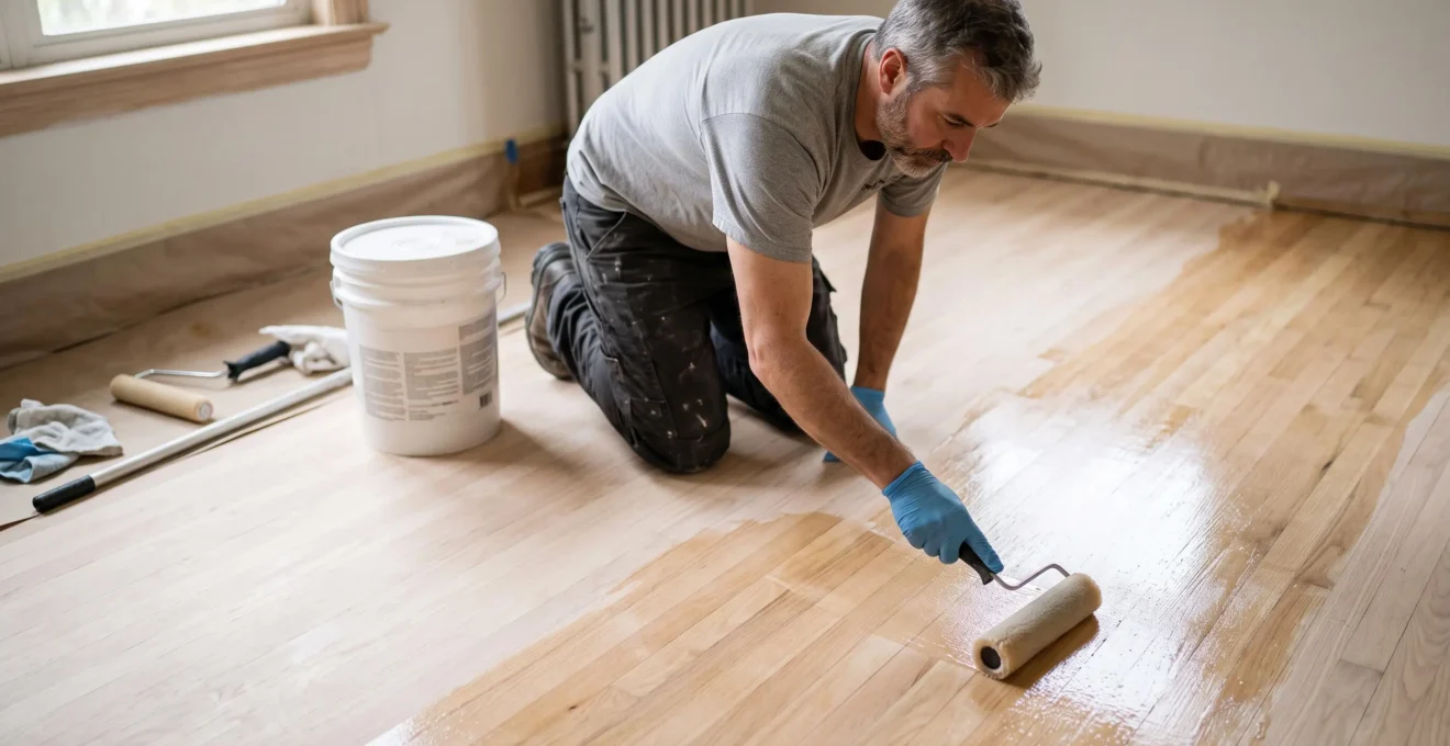 Professionnel appliquant une finition protectrice sur un plancher de bois franc fraîchement sablé.