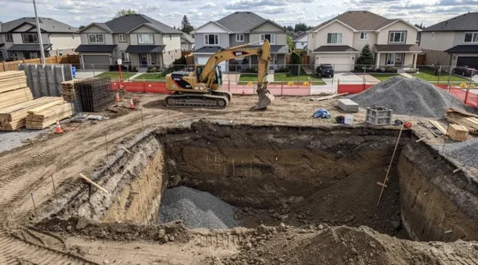 Chantier d'excavation résidentiel en cours avec excavatrice creusant les fondations dans un quartier canadien