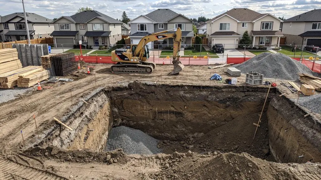 Chantier d'excavation résidentiel en cours avec excavatrice creusant les fondations dans un quartier canadien