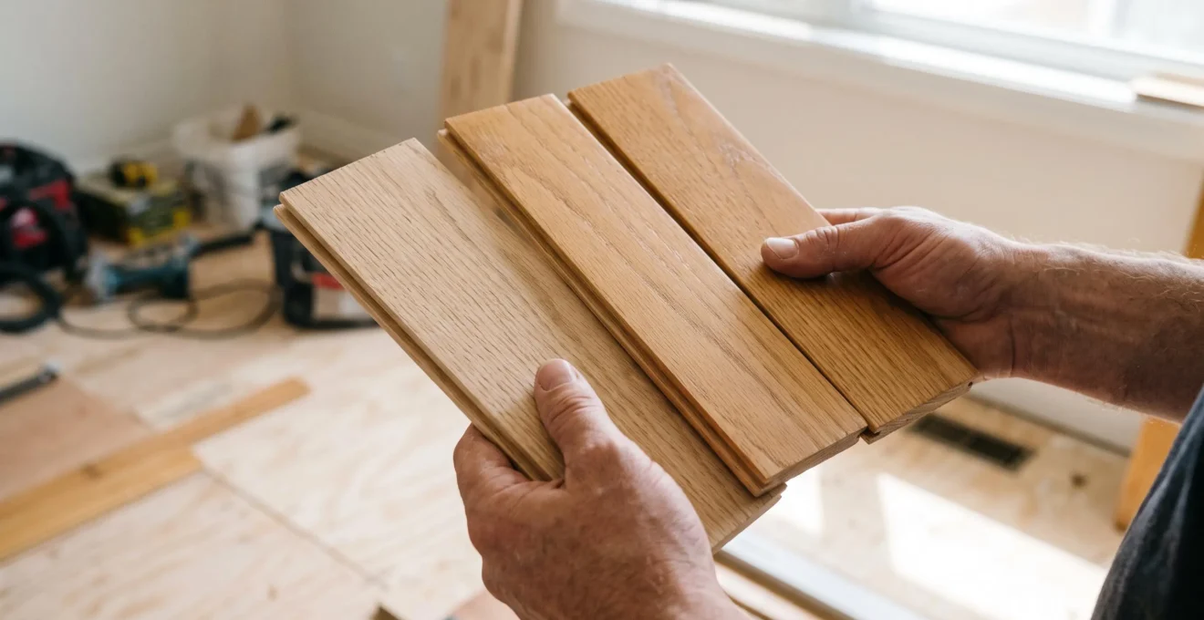 Mains examinant et comparant des échantillons de plancher de bois franc préfini et brut.