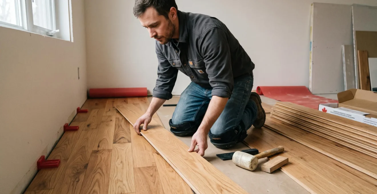 Installateur professionnel posant des planches de bois franc dans une résidence canadienne en rénovation.