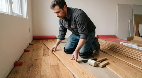 Installateur professionnel posant des planches de bois franc dans une résidence canadienne en rénovation.