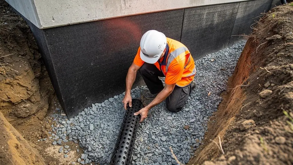 Travailleur installant un drain français perforé et du gravier au pied d'un mur de fondation lors de travaux d'excavation