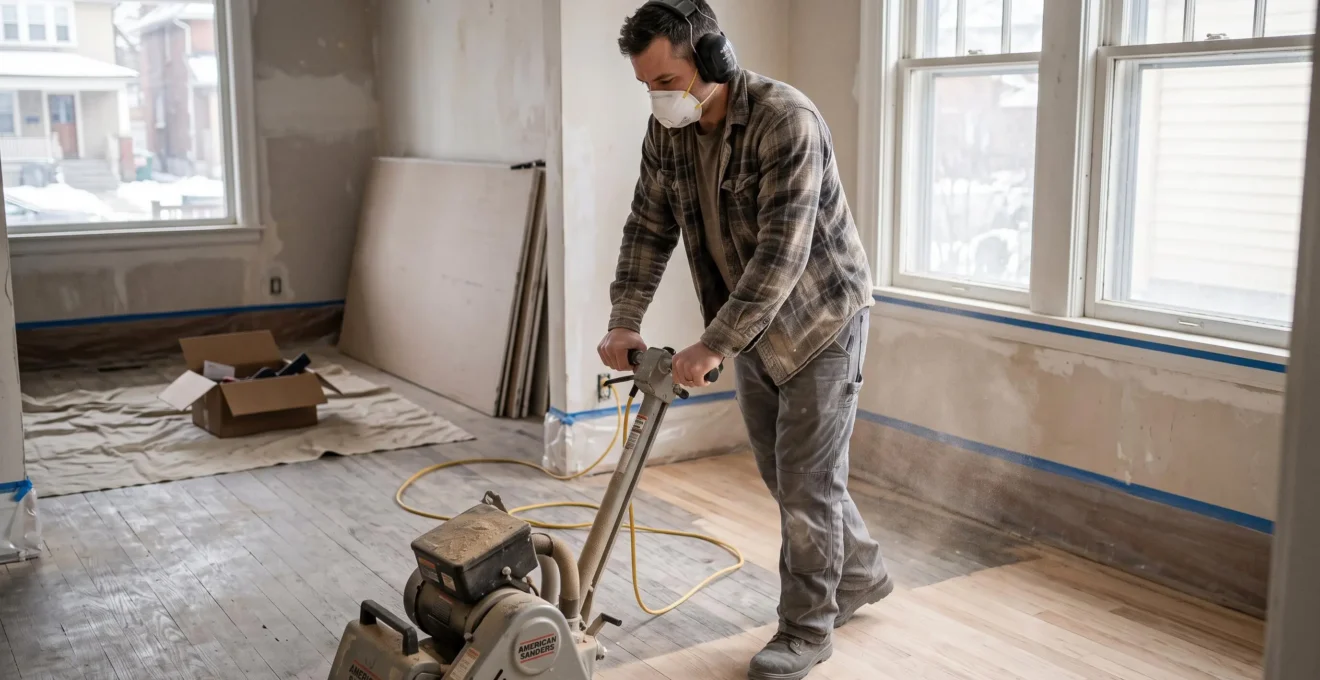 Professionnel utilisant une ponceuse à tambour sur un plancher de bois franc brut dans une résidence en rénovation.