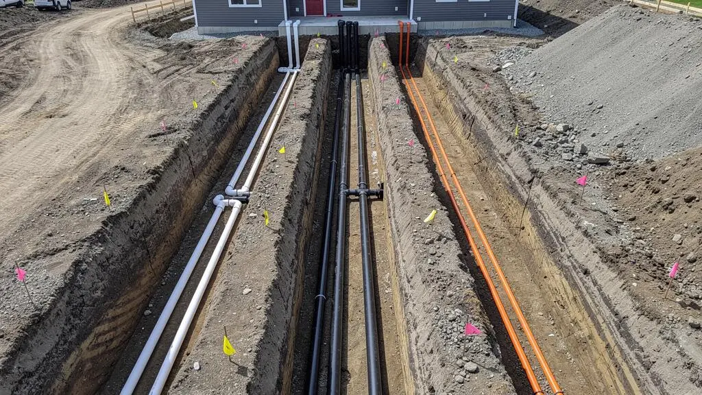 Tranchées d'excavation montrant l'installation de conduites souterraines pour l'eau, l'égout et l'électricité convergeant vers les fondations