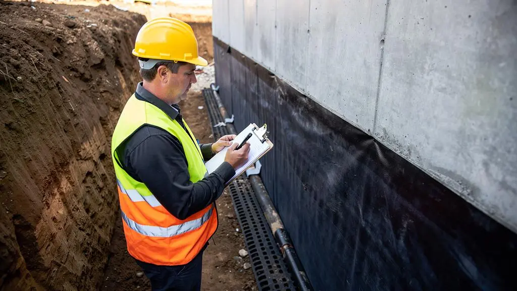 Inspecteur documentant l'installation des membranes et systèmes de drainage sur un mur de fondation avant le remblayage
