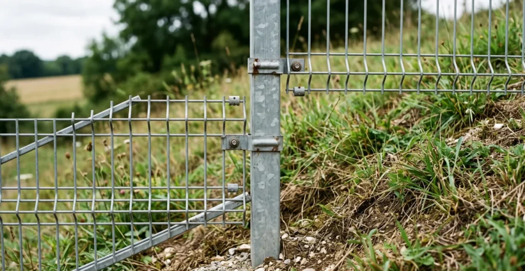 Close-up detail of the junction between two rigid mesh fence panels installed in stepped configuration on sloped terrain