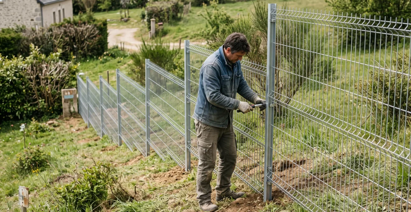 Homeowner installing rigid wire mesh fence panels on a sloped residential terrain showing stepped configuration method
